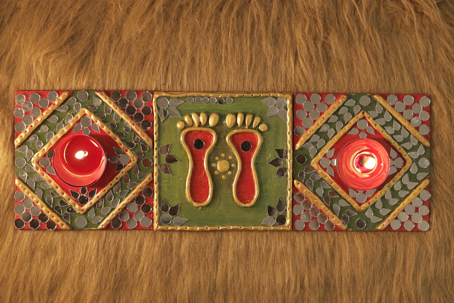 Tea Light Holder for Rangoli with Laxmi ji ke Charan - Sap Green and Red Square Shaped - 4 inch