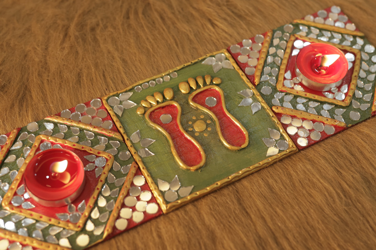 Tea Light Holder for Rangoli with Laxmi ji ke Charan - Sap Green and Red Square Shaped - 4 inch