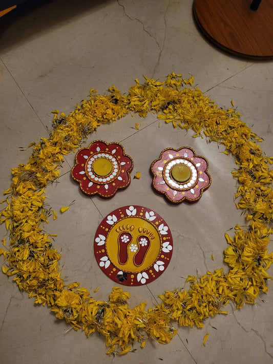Tea Light Holder for Rangoli with Laxmi ji ke Charan - 5 inch