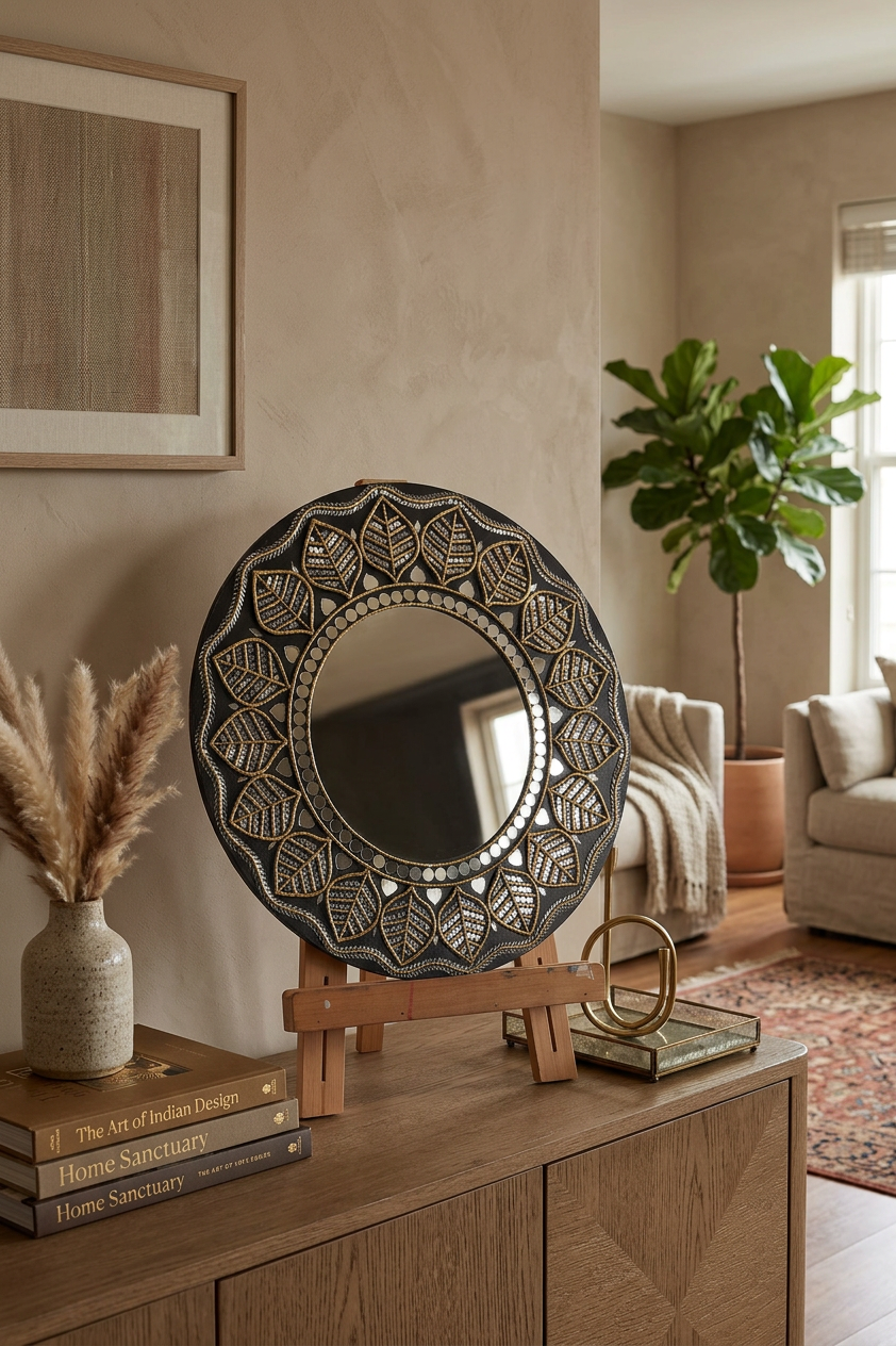 Lippan Art with Large Center Mirror – Handcrafted Wall Decor - Black