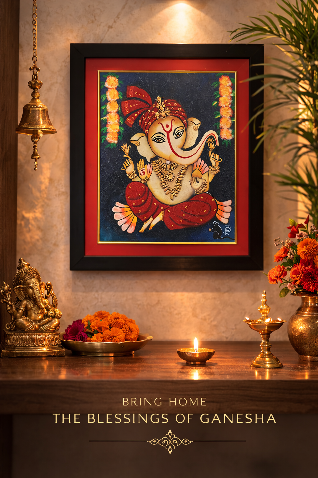 Framed Ganesha Painting – 17'' x 20'' Hand-Painted Wall Art