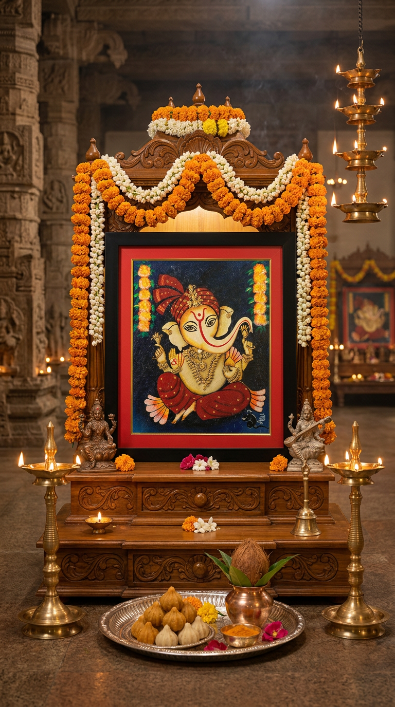 Framed Ganesha Painting – 17'' x 20'' Hand-Painted Wall Art