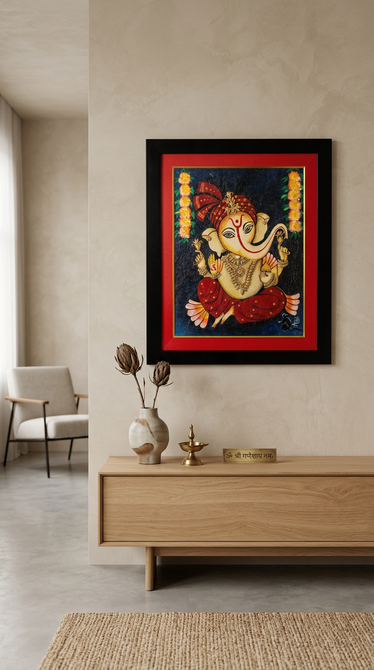 Framed Ganesha Painting – 17'' x 20'' Hand-Painted Wall Art