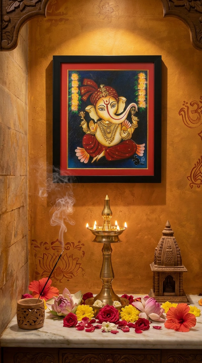 Framed Ganesha Painting – 17'' x 20'' Hand-Painted Wall Art