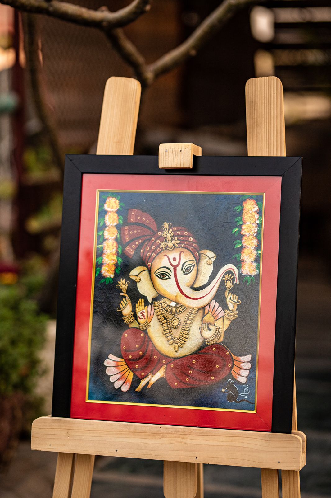 Framed Ganesha Painting – 17'' x 20'' Hand-Painted Wall Art