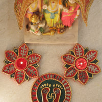 Tea Light Holder for Rangoli with Laxmi ji ke Charan - Red and Green - 5 inch