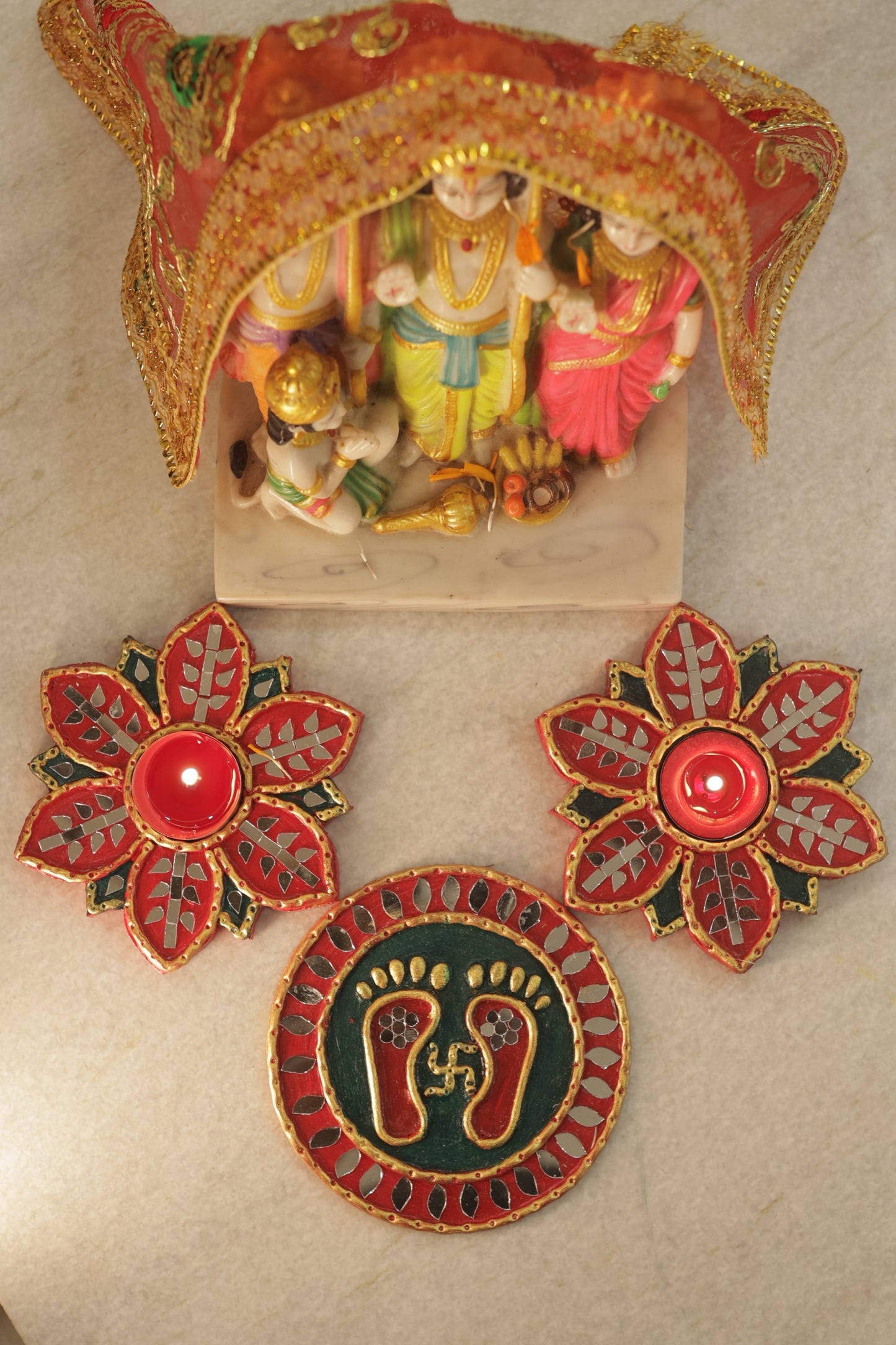 Tea Light Holder for Rangoli with Laxmi ji ke Charan - Red and Green - 5 inch