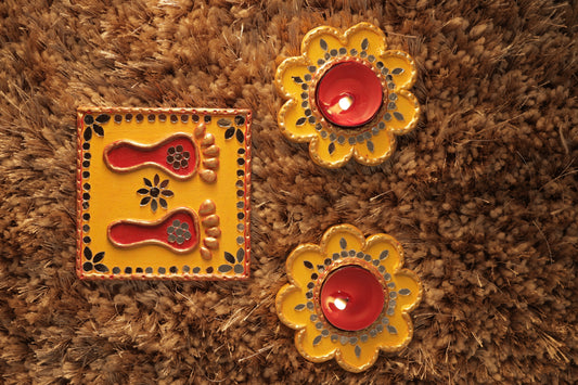 Tea Light Holder for Rangoli with Laxmi ji ke Charan - Yellow and Red - 4 inch