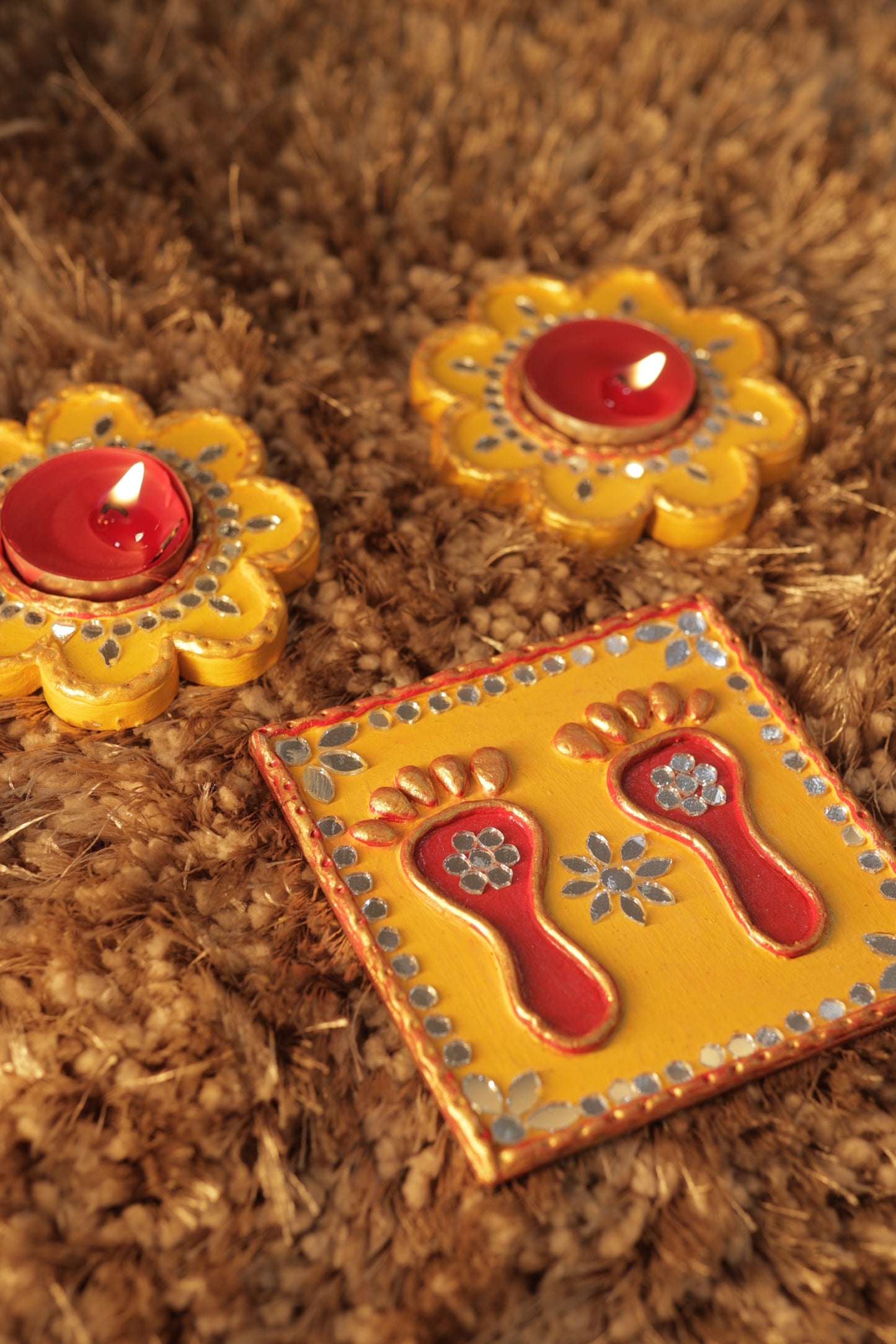 Tea Light Holder for Rangoli with Laxmi ji ke Charan - Yellow and Red - 4 inch