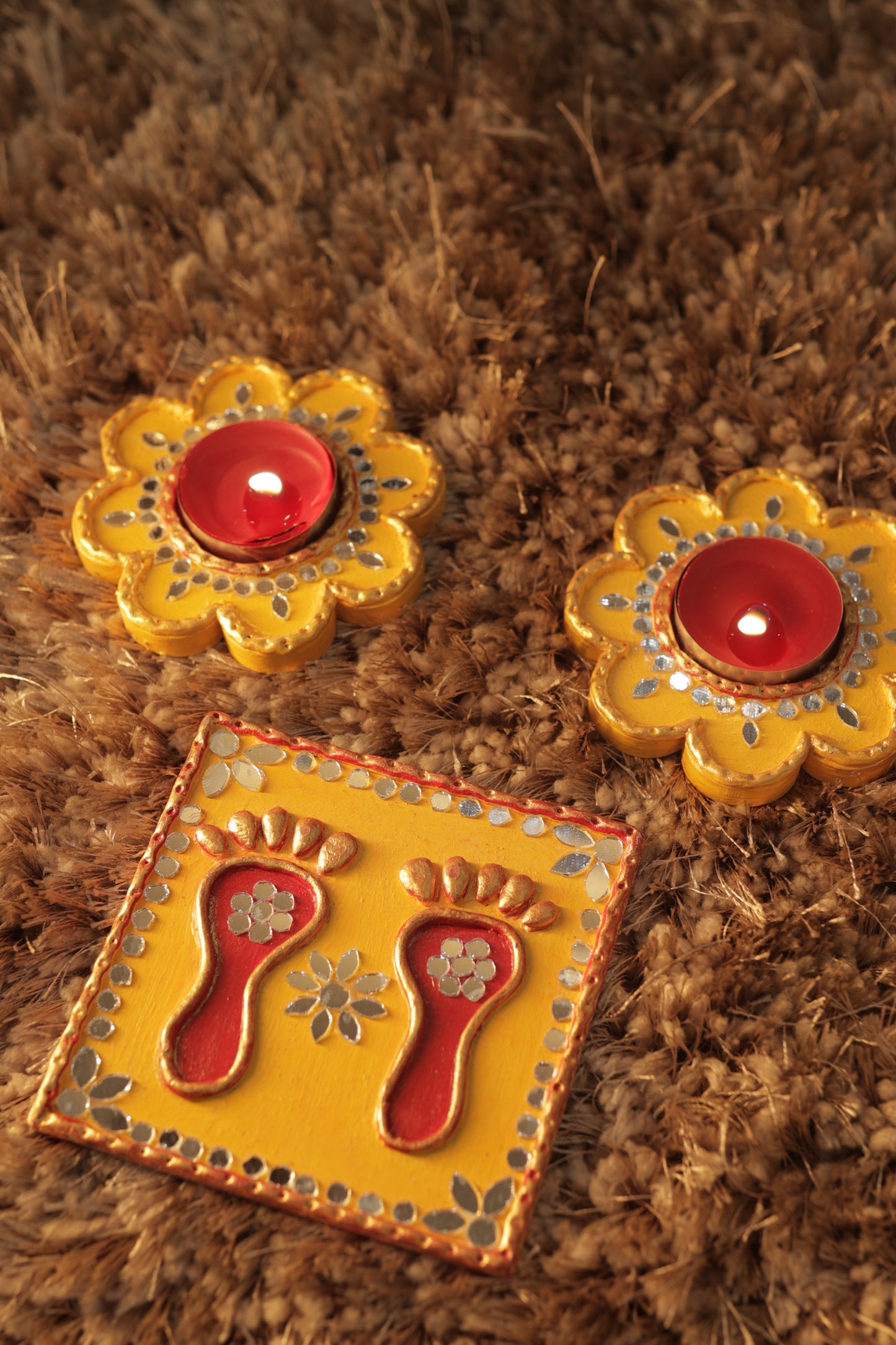 Tea Light Holder for Rangoli with Laxmi ji ke Charan - Yellow and Red - 4 inch