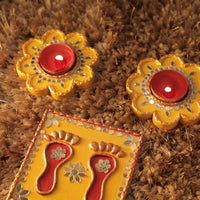 Tea Light Holder for Rangoli with Laxmi ji ke Charan - Yellow and Red - 4 inch