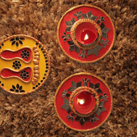 Tea Light Holder for Rangoli with Laxmi ji ke Charan - Yellow and Green Round Shaped - 4 inch