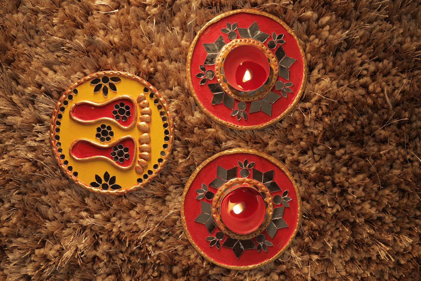 Tea Light Holder for Rangoli with Laxmi ji ke Charan - Yellow and Green Round Shaped - 4 inch