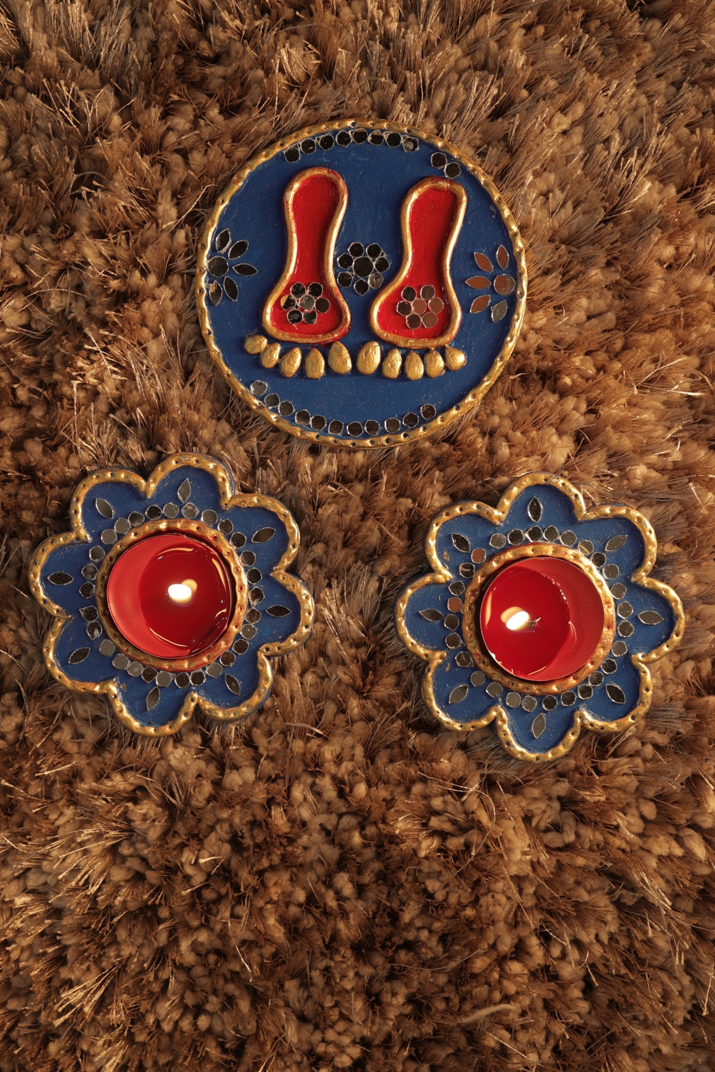 Tea Light Holder for Rangoli with Laxmi ji ke Charan - Turquoise and Red - 4 inch