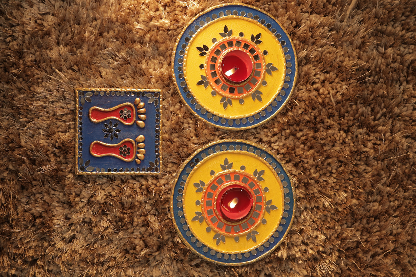 Tea Light Holder for Rangoli with Laxmi ji ke Charan - Yellow and Blue