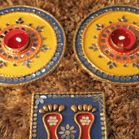 Tea Light Holder for Rangoli with Laxmi ji ke Charan - Yellow and Blue