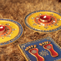 Tea Light Holder for Rangoli with Laxmi ji ke Charan - Yellow and Blue