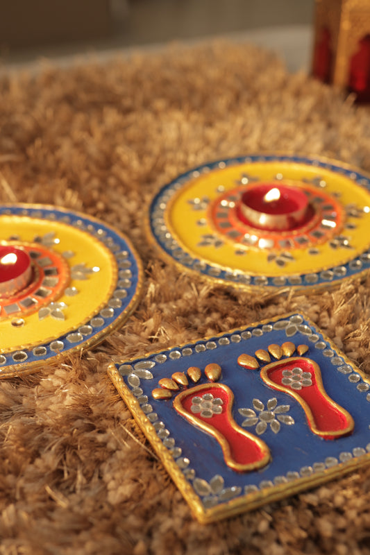 Tea Light Holder for Rangoli with Laxmi ji ke Charan - Yellow and Blue