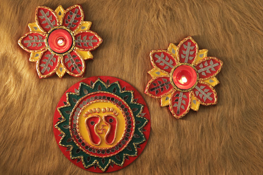 Tea Light Holder for Rangoli with Laxmi ji ke Charan - Red and Yellow - 5 inch