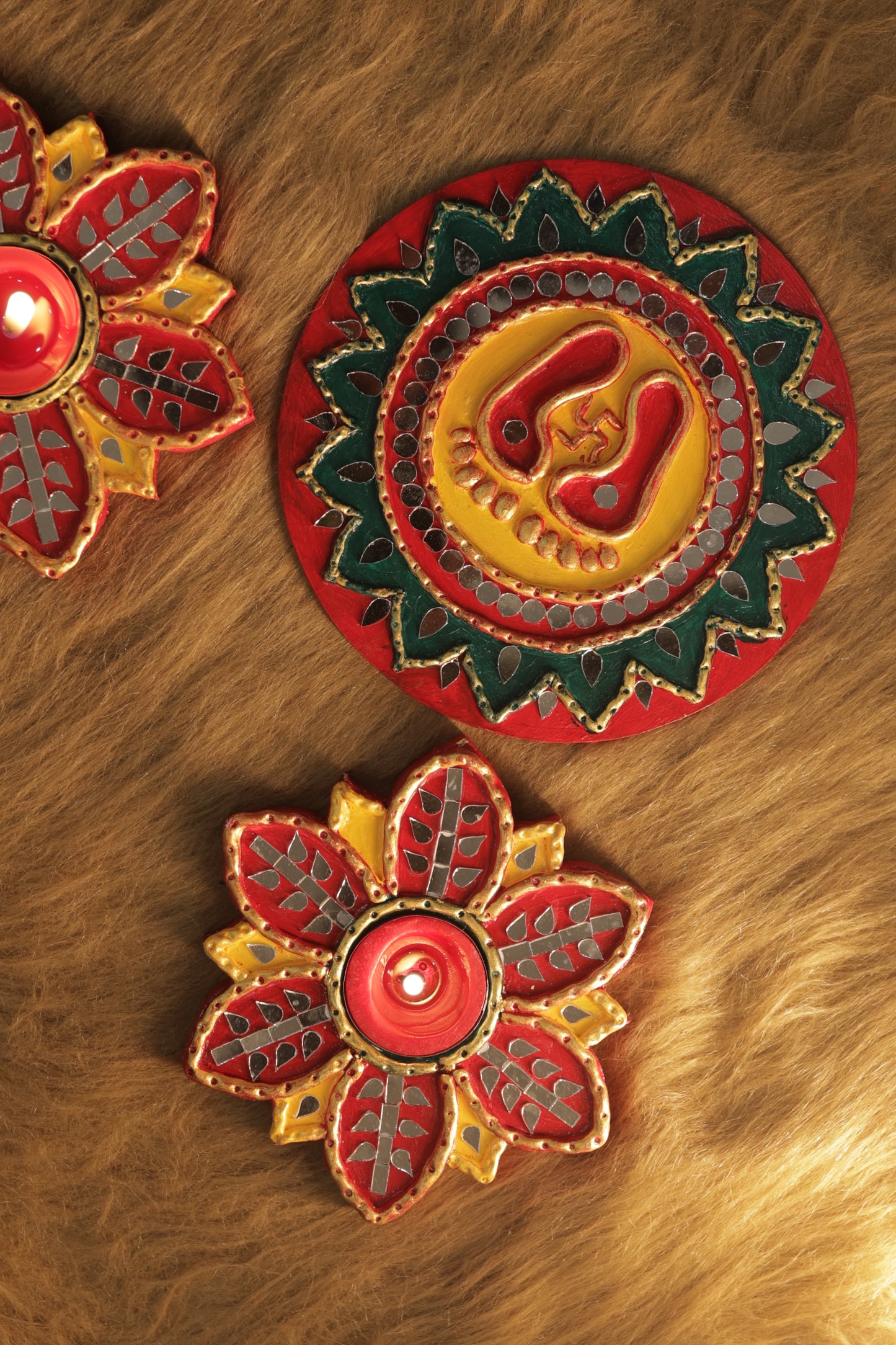 Tea Light Holder for Rangoli with Laxmi ji ke Charan - Red and Yellow - 5 inch