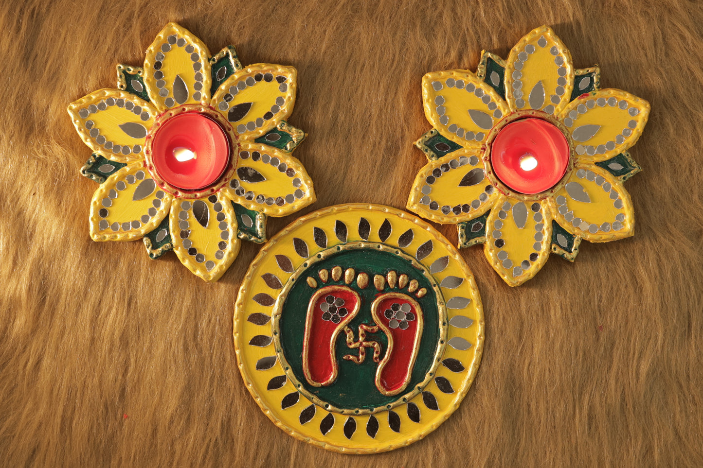 Tea Light Holder for Rangoli with Laxmi ji ke Charan - Yellow and Green - 5 inch