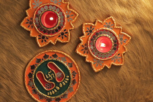 Tea Light Holder for Rangoli with Laxmi ji ke Charan - Orange and Green - 5 inch