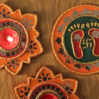 Tea Light Holder for Rangoli with Laxmi ji ke Charan - Orange and Green - 5 inch