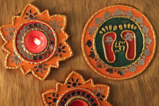 Tea Light Holder for Rangoli with Laxmi ji ke Charan - Orange and Green - 5 inch