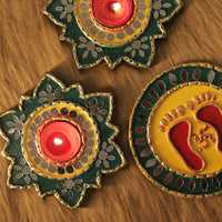 Tea Light Holder for Rangoli with Laxmi ji ke Charan - Yellow and Green - 5 inch