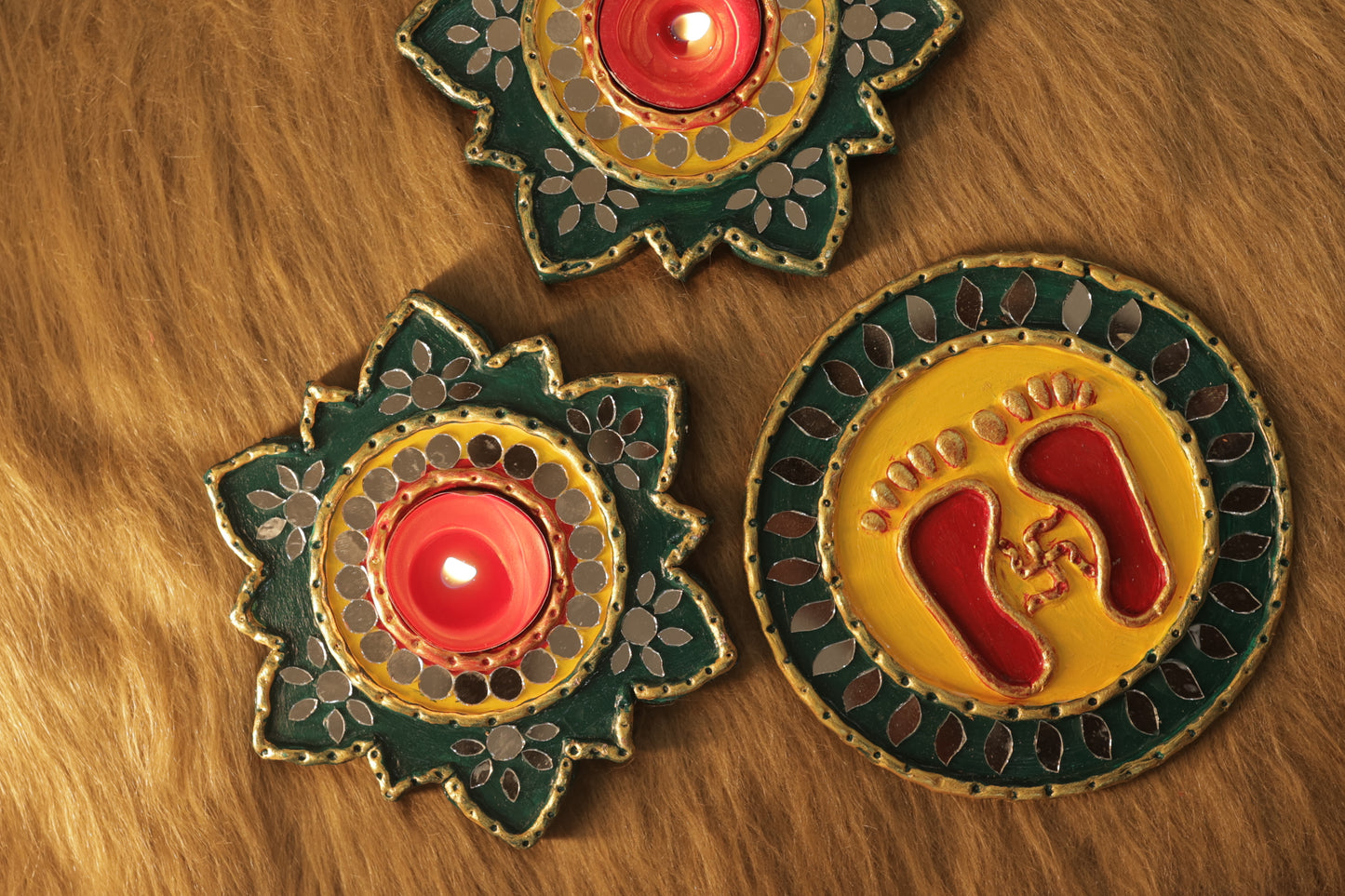 Tea Light Holder for Rangoli with Laxmi ji ke Charan - Yellow and Green - 5 inch