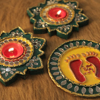 Tea Light Holder for Rangoli with Laxmi ji ke Charan - Yellow and Green - 5 inch