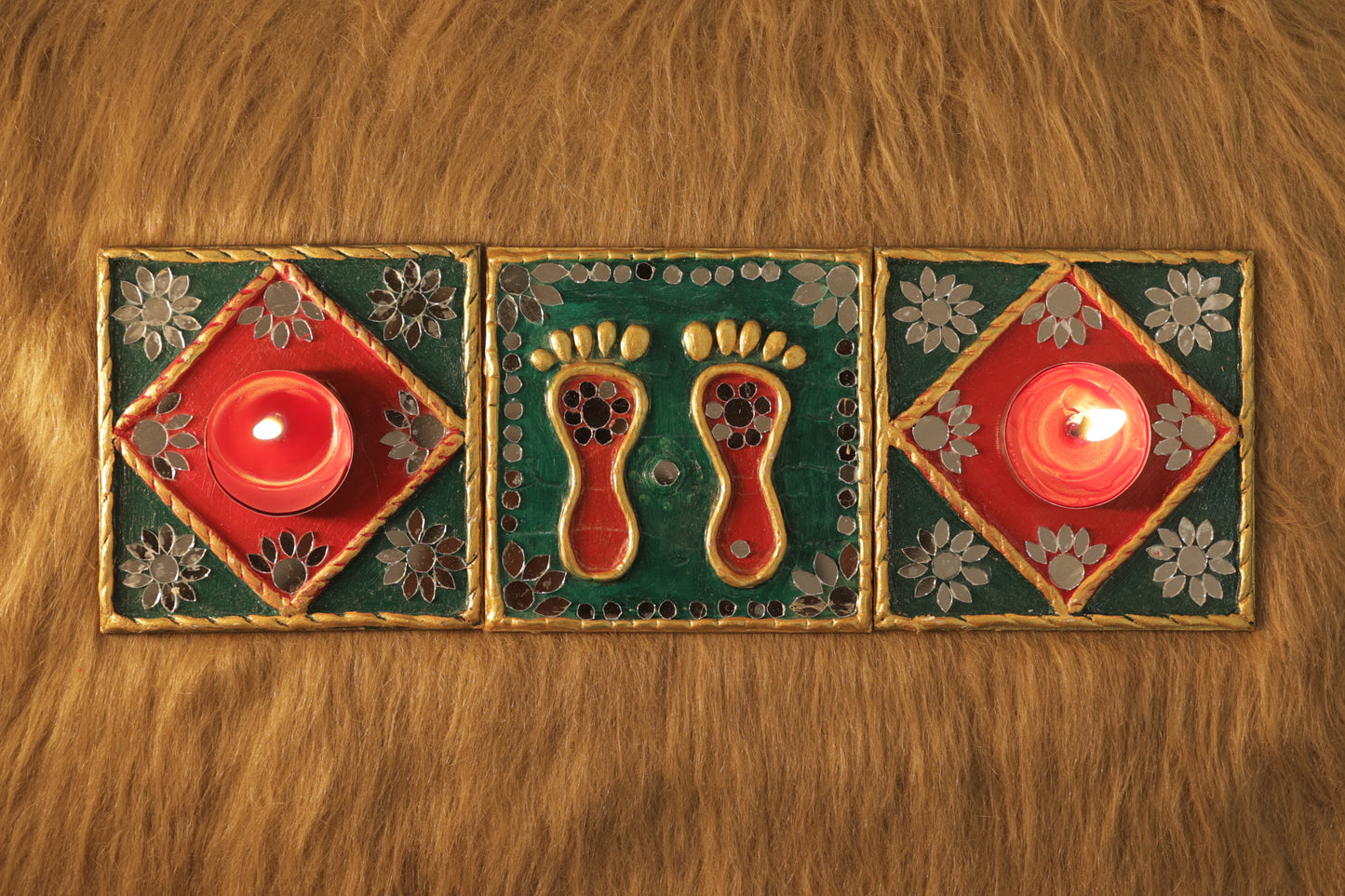 Tea Light Holder for Rangoli with Laxmi ji ke Charan - Green and Red Square Shaped - 4 inch