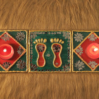 Tea Light Holder for Rangoli with Laxmi ji ke Charan - Green and Red Square Shaped - 4 inch