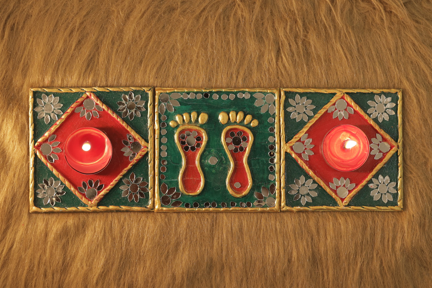 Tea Light Holder for Rangoli with Laxmi ji ke Charan - Green and Red Square Shaped - 4 inch