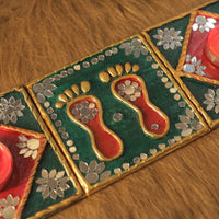 Tea Light Holder for Rangoli with Laxmi ji ke Charan - Green and Red Square Shaped - 4 inch