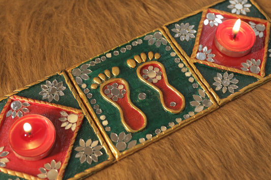 Tea Light Holder for Rangoli with Laxmi ji ke Charan - Green and Red Square Shaped - 4 inch