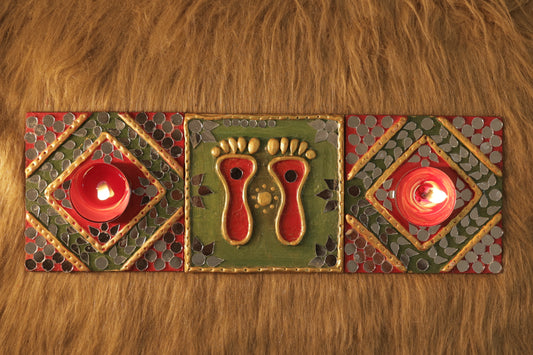 Tea Light Holder for Rangoli with Laxmi ji ke Charan - Sap Green and Red Square Shaped - 4 inch