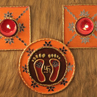 Tea Light Holder for Rangoli with Laxmi ji ke Charan - Orange - 4 inch