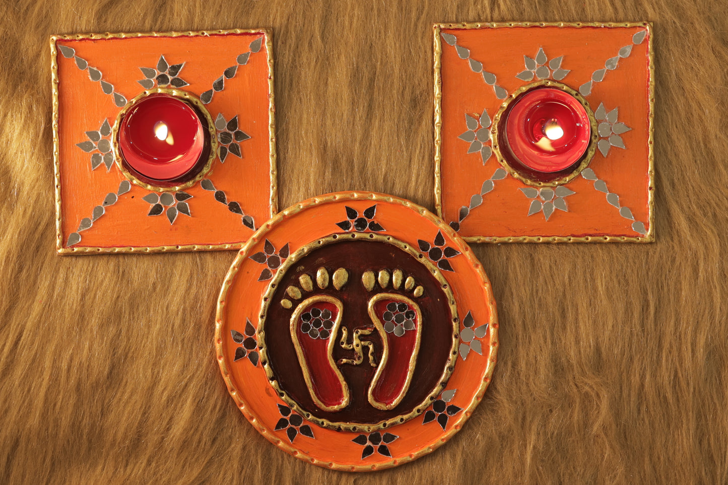 Tea Light Holder for Rangoli with Laxmi ji ke Charan - Orange - 4 inch