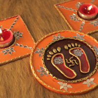 Tea Light Holder for Rangoli with Laxmi ji ke Charan - Orange - 4 inch