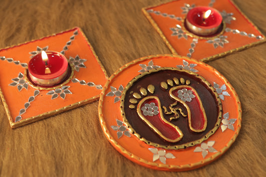 Tea Light Holder for Rangoli with Laxmi ji ke Charan - Orange - 4 inch