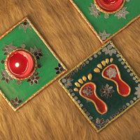 Tea Light Holder for Rangoli with Laxmi ji ke Charan - Green - 4 inch