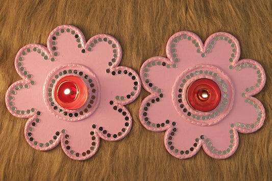 Flower-Shaped Tea Light Holder – 1 Pair (Pink Pastel) with Candle