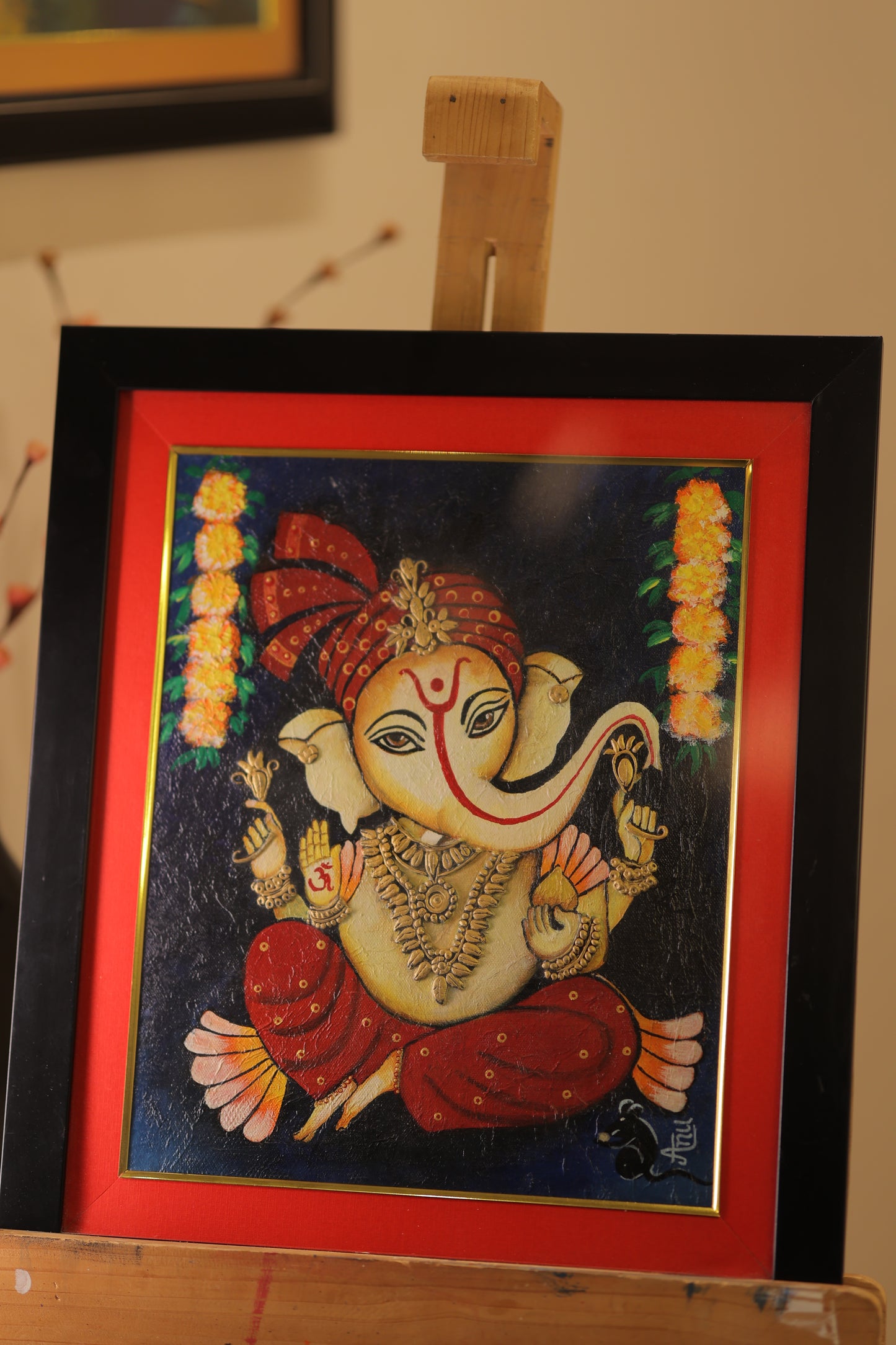 Framed Ganesha Painting – 17'' x 20'' Hand-Painted Wall Art