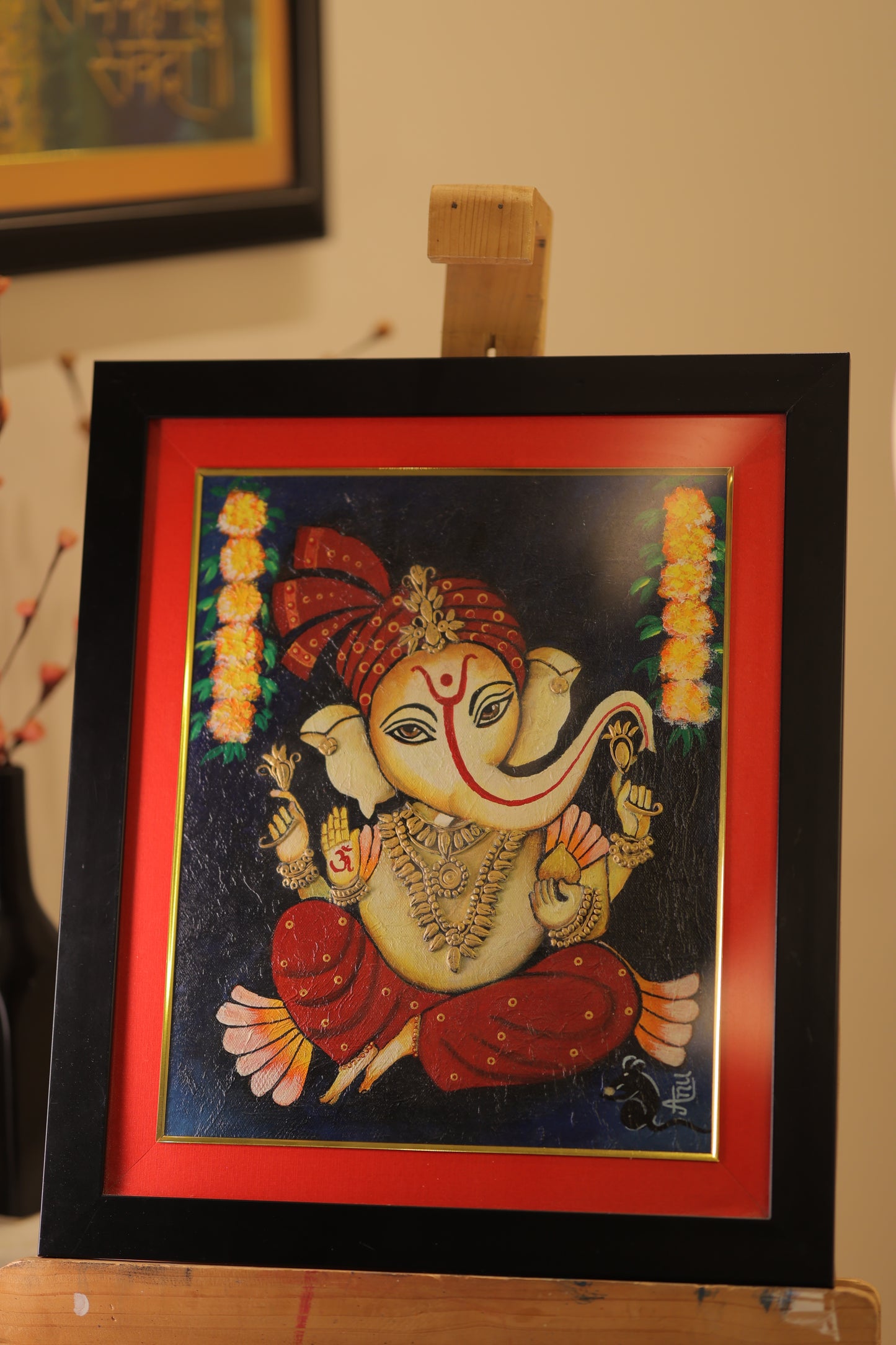 Framed Ganesha Painting – 17'' x 20'' Hand-Painted Wall Art