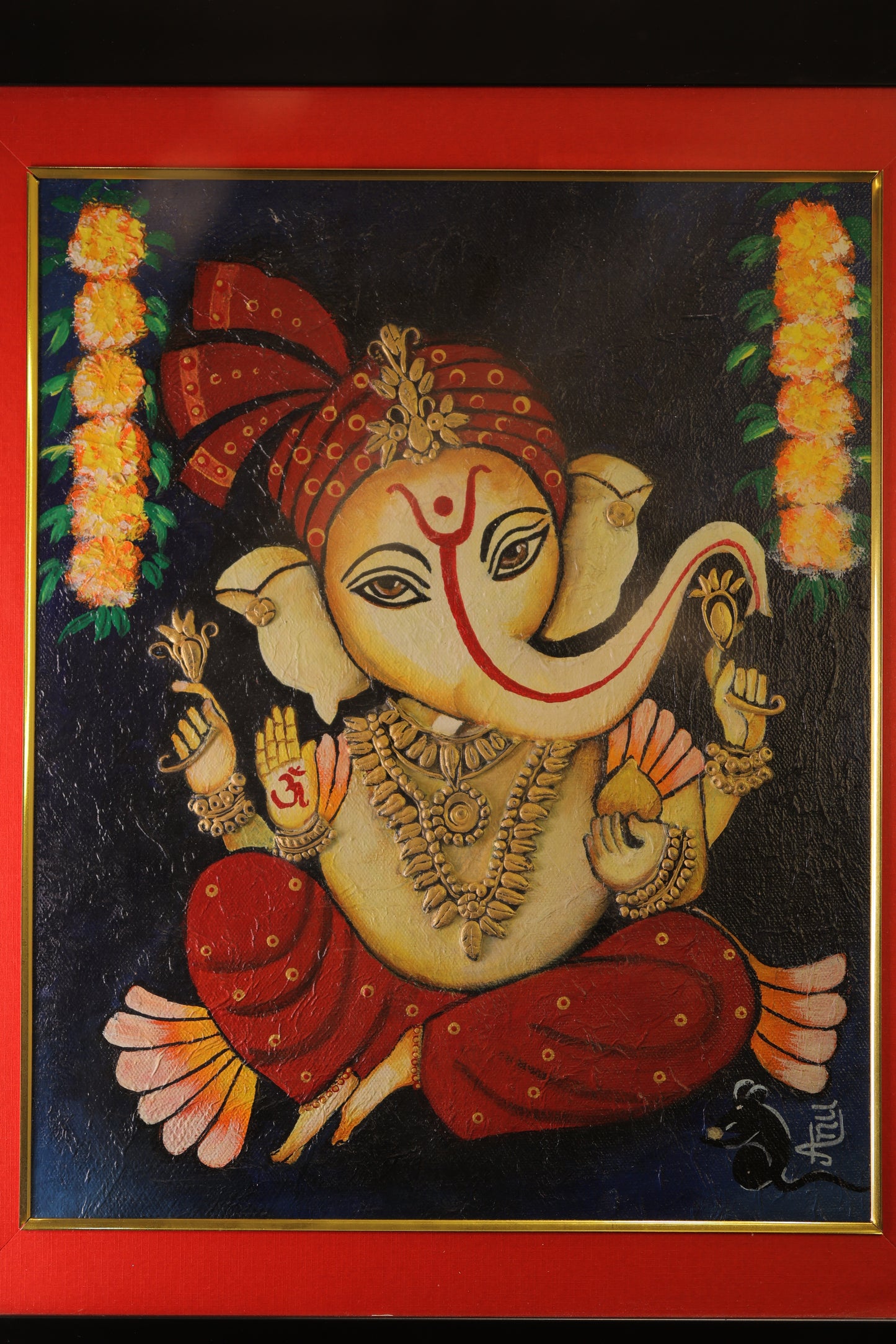 Framed Ganesha Painting – 17'' x 20'' Hand-Painted Wall Art