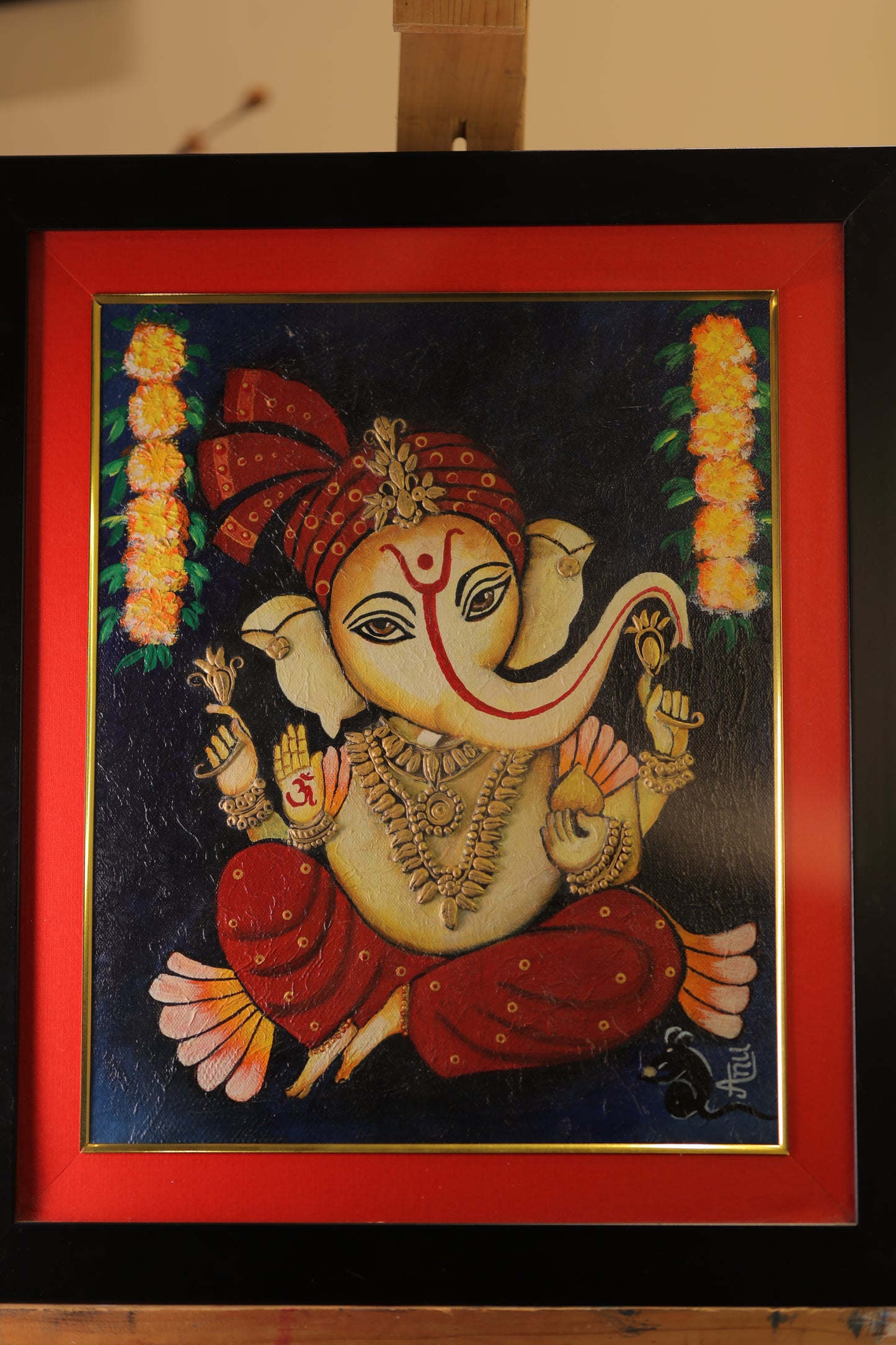 Framed Ganesha Painting – 17'' x 20'' Hand-Painted Wall Art